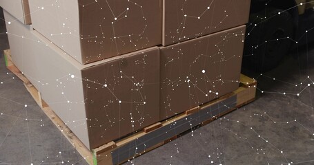 Showing stacked corrugated boxes sitting on pallet on warehouse floor with constellation overlay