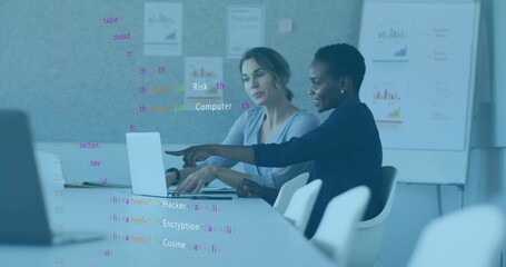 Pointing two women in office wear working in meeting, with open laptop, board and code overlay