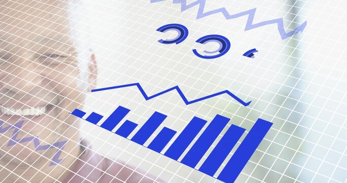 Displaying HUD with grid, blue bar, line charts and circular gauges in office, partial left male