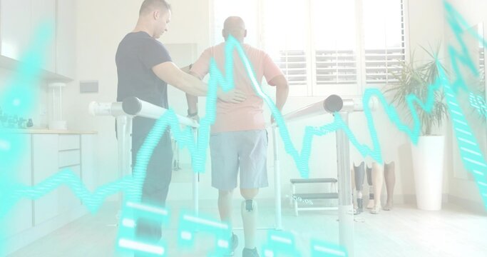 Walking client in coral with prosthesis on parallel bars in rehab, therapist assisting, ECG overlay