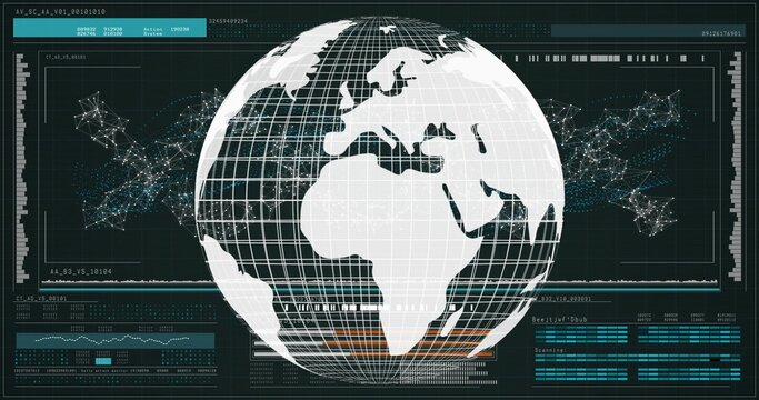 Naklejki Displaying white stylized globe occupying center, showing network node diagrams and HUD panels