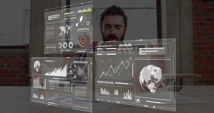 Viewing analyst in dark jacket at loft, studying hologram panels with 3D globe, world map, dials
