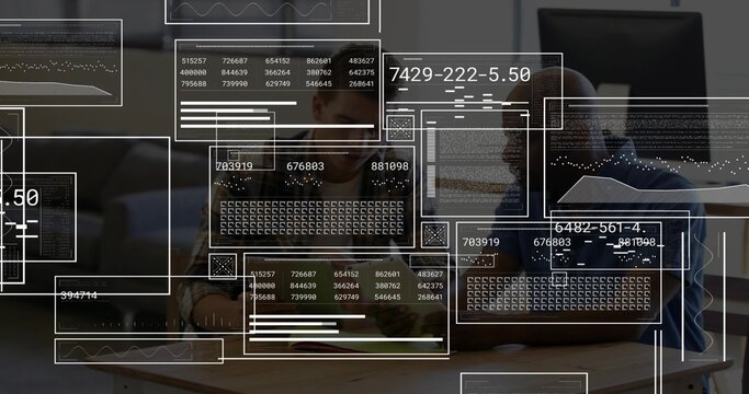 Collaborating two colleagues in striped and short-sleeve shirts reviewing code overlays on laptop - Powered by Adobe