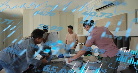 Sorting men packing casual clothes on king-size bed in hotel room, blue cap and data overlay