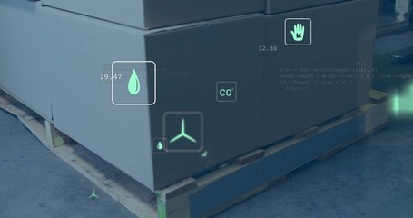Displaying large cardboard boxes on wooden pallet in warehouse, with AR water 29