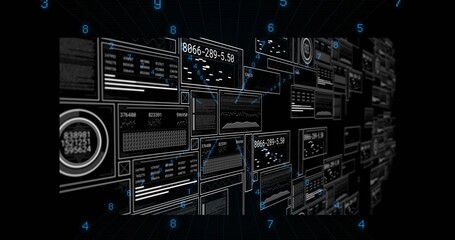 Naklejka premium Displaying dense array of digital panels in virtual corridor, showing charts, gauges, connectors