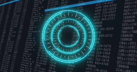 Glowing cyan concentric HUD scanning monitoring dashboard, overlaying log columns and ERROR strings