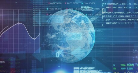 Obraz premium Displaying rendered Earth globe hovering over virtual dashboard, showing line chart, percent labels