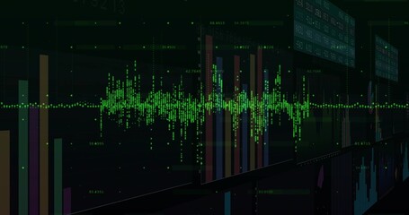 Showing green dotted waveform pulsing across dark data dashboard with multicolor bars, gridlines