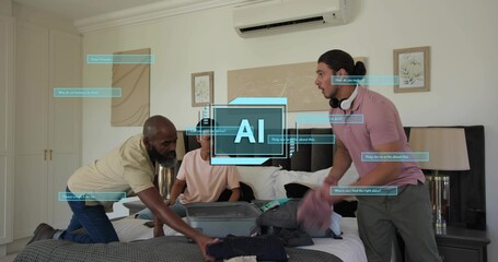 Packing five men sorting clothes on bed at home, using open suitcase, AI overlay, headphones