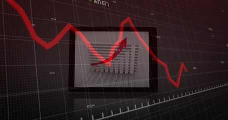 Displaying tablet with 3D bars, red arrow on dark grid, axis ticks, scale, jagged trend line