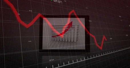 Fotobehang Vlees Displaying tablet with 3D bars, red arrow on dark grid, axis ticks, scale, jagged trend line  © vectorfusionart