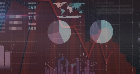 Displaying dashboard on maroon interface, showing descending red area chart and pie charts