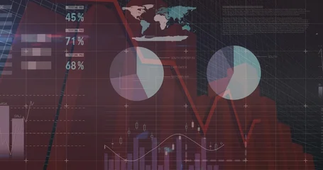 Fotobehang Vlees Displaying dashboard on maroon interface, showing descending red area chart and pie charts  © vectorfusionart