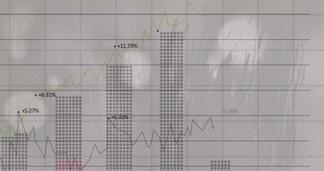 Displaying grayscale dotted bars dominating chart, showing green and black trend lines, % labels © vectorfusionart