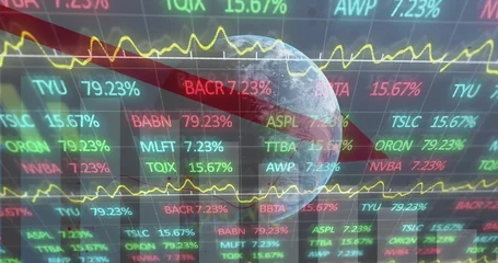 Fotobehang Vlees Showing translucent Earth globe centered on trading dashboard, featuring red arrow and neon tickers  © vectorfusionart