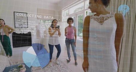 Naklejka premium Bride in white lace dress posing in living room with women holding tape, data-overlay, copy space