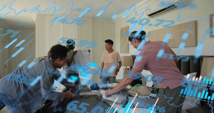 Sorting men packing casual clothes on king-size bed in hotel room, blue cap and data overlay