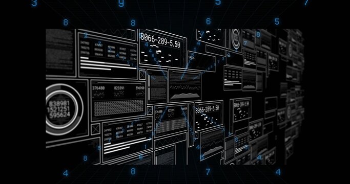Displaying dense array of digital panels in virtual corridor, showing charts, gauges, connectors