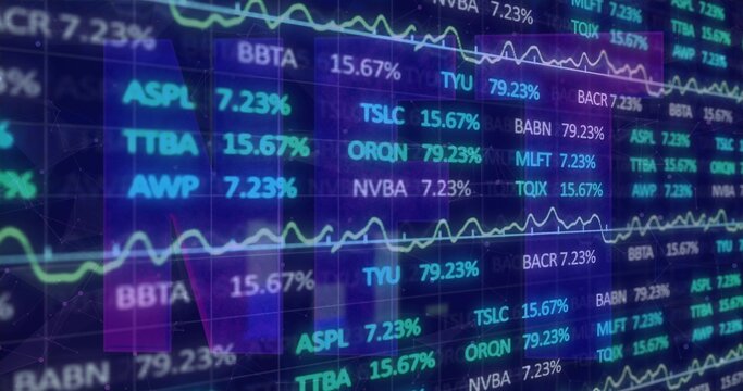 Displaying digital stock market monitor, showing tickers, percentages, line graphs, grid