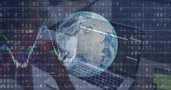 Displaying digital globe overlaying laptop keyboard at desk, with binary code and financial charts - Powered by Adobe