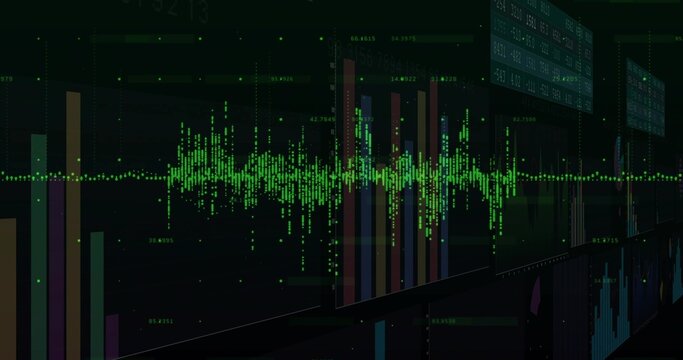 Showing green dotted waveform pulsing across dark data dashboard with multicolor bars, gridlines