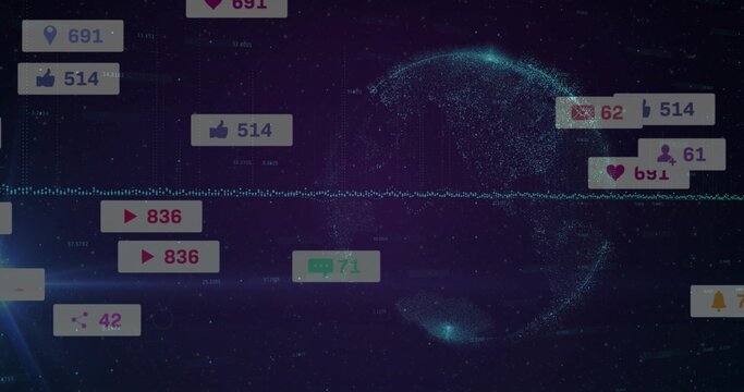 Rotating data globe pulsing waveform at right, with notification badges and data labels, copy space