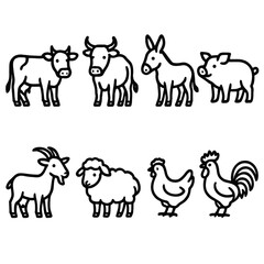 Farm Animal Icons. Rural animals concept linear icon set: cow, ox, donkey, pig, goat, sheep, hen, rooster