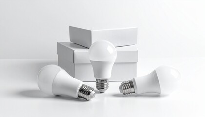 LED light bulbs and white boxes arranged on minimalist white background