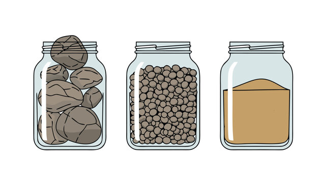 Three jars with big rocks, pebbles and sand representing capacity management, flat vector style for ADHD time management and priority visualization productivity planning concept