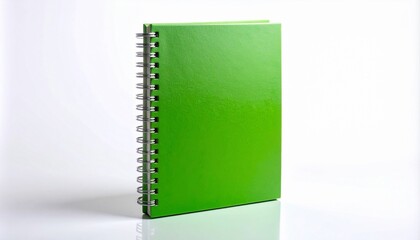 Green spiral-bound notebook standing upright on white background