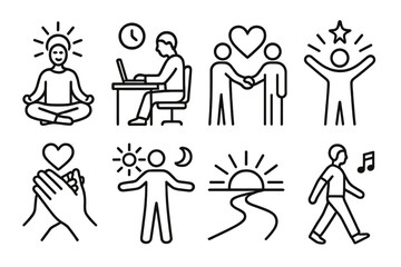 Purposeful Lifestyle Icons. Labor Day purposeful lifestyle themes linear icon set: mindful start, steady workflow, community connection, wellbeing spark, gratitude moment, balanced