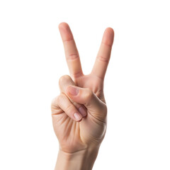 Hand gesture displaying the peace or victory sign on white background.
