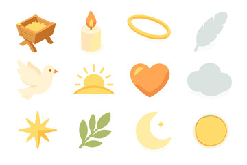 Isometric Peace Icons. Pure Start flat icon set : wooden cradle, candle flame, halo ring, feather, dove, sunrise hue, glowing heart, soft cloud, radiant star, peace leaf, moonlight