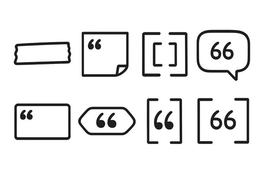Outline Quote Icons. Text highlight quotes linear icon set: highlighter stroke, sticky note quote, bracketed quote icon, outlined bubble, rectangular panel, title tag, vertical bar