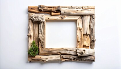 Rustic driftwood picture frame with pine branch on white background
