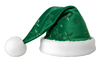 Christmas hat isolated on transparent background, stylish green Santa hat with floral embroidery for holiday celebration graphics and projects. | santa claus hat