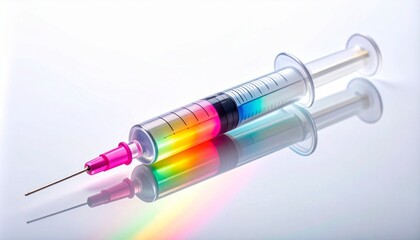 Syringe with rainbow liquid on reflective surface