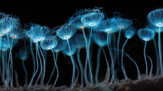 A cluster of delicate blue bioluminescent mushrooms with tall slender stalks and tiny umbrella caps against a dark background.
