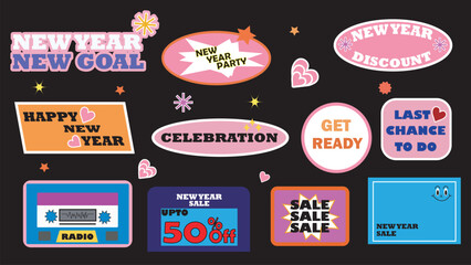 Colorful New Year-themed stickers and festive labels with stars, hearts, and celebration text on a black background for seasonal marketing, event branding, promotional design, and holiday-themed vecto