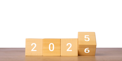 Wooden blocks with 2025 and 2026 numbers for new year change concept, isolated on transparent background