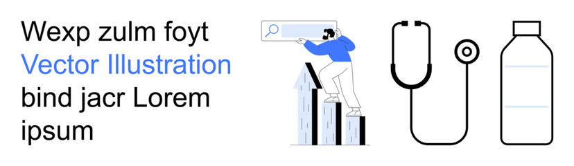 Business growth, digital marketing, healthcare, research, sustainability, data analysis. Man on bar graph searching online, stethoscope plastic bottle icon. Business growth and digital marketing