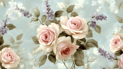 Delicate Floral Tapestry: A mesmerizing display of soft, pink roses and delicate lavender blooms intertwine, creating a captivating floral tapestry that evokes feelings of beauty and serenity.