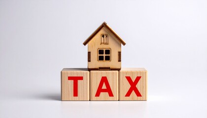 Wooden house model on blocks spelling TAX