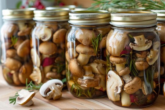 Glass jars filled with freshly harvested mushrooms, rosemary, and spices, showcasing a homemade preservation method
