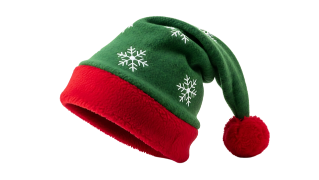 Unique Santa Claus hat with green and red mix colors, isolated on a transparent background for Christmas and New Year celebrations.