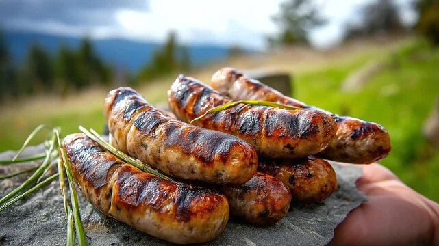 A savory Galette Saucisse from a market in Brittany, rustic, hearty, grilled, simple, traditional, in the style of a realistic charcoal sketch, handheld perspective shot, bright, o