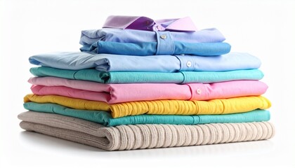 Folded stack of colorful clothes and towels on white surface