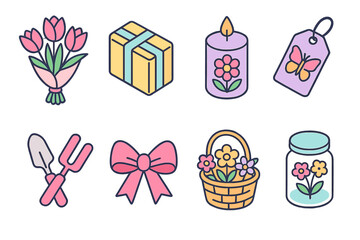Fototapeta premium Spring Gift Icons. Spring Gift Themes flat icon set: tulip bouquet, pastel wrapping, floral candle, butterfly tag, garden tools, ribbon bow, flower basket, glass jar