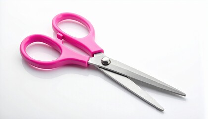 Pink-handled scissors with metallic blades on white background